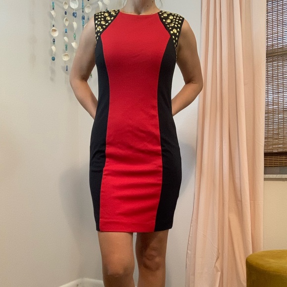 Michael Kors Dress black and red with gold studs and zipper. Size 0 worn once - Picture 3 of 10